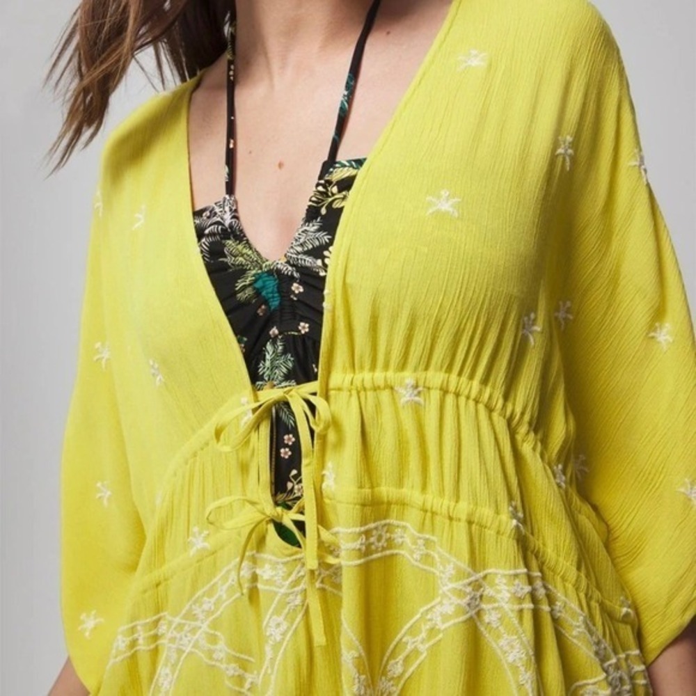 Soma Swim Embroidered Cover Up Green Yellow Tie Front Tunic Small Medium NWT - Picture 3 of 9